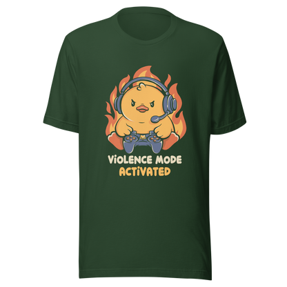 A determined duck, with flames behind it, wearing a gaming headset and holding a controller with intense focus. This design captures the humorous intensity of going full "violence mode" during competitive matches. Perfect for gamers, streamers, and fans of bold and fun geek designs.