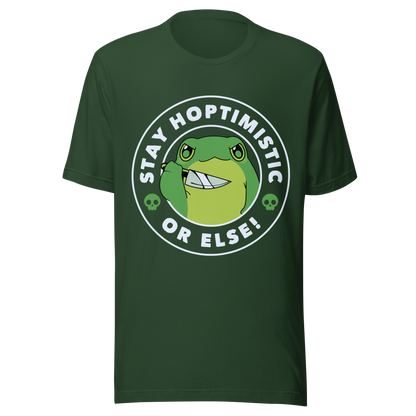 A green frog with a determined look stands beside the playful phrase “Stay Hoptimistic — Or Else”. A fun pun with a slightly chaotic twist, perfect for frog lovers and anyone who enjoys quirky, attitude-filled humor.
