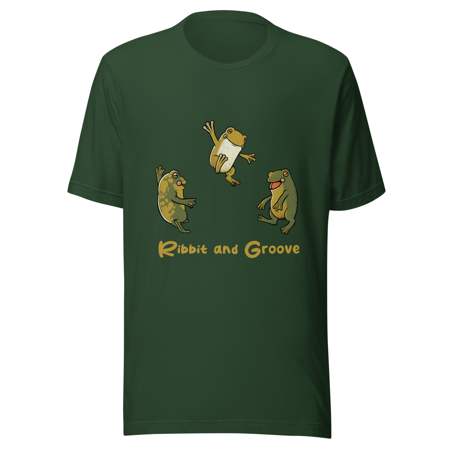 Three frogs dancing as if performing a ritual, with ‘Ribbit and Groove’ written below. A playful design that mixes humor and frogs. Perfect for frog lovers, music fans, and anyone who enjoys fun prints.