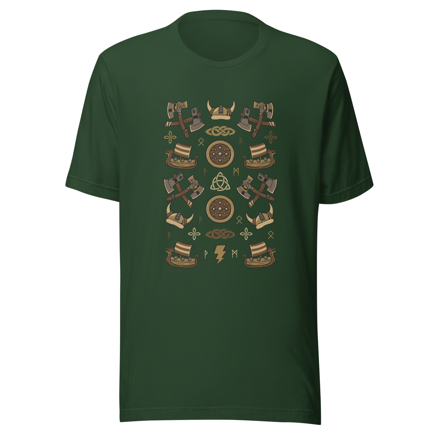 The artwork features a symmetrical illustration with axes, wooden shields, Viking helmets, longships, and runes in earthy tones on a dark background. Each element reinforces the classic Nordic aesthetic, blending iconic symbols with a detailed and super harmonious cartoon style. Perfect for fans of Viking culture, Norse mythology, RPGs, and anyone who loves prints with an epic and stylized vibe.