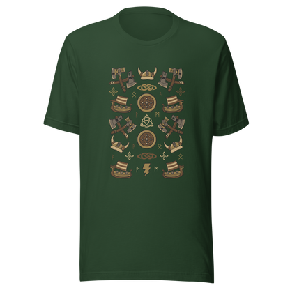 The artwork features a symmetrical illustration with axes, wooden shields, Viking helmets, longships, and runes in earthy tones on a dark background. Each element reinforces the classic Nordic aesthetic, blending iconic symbols with a detailed and super harmonious cartoon style. Perfect for fans of Viking culture, Norse mythology, RPGs, and anyone who loves prints with an epic and stylized vibe.