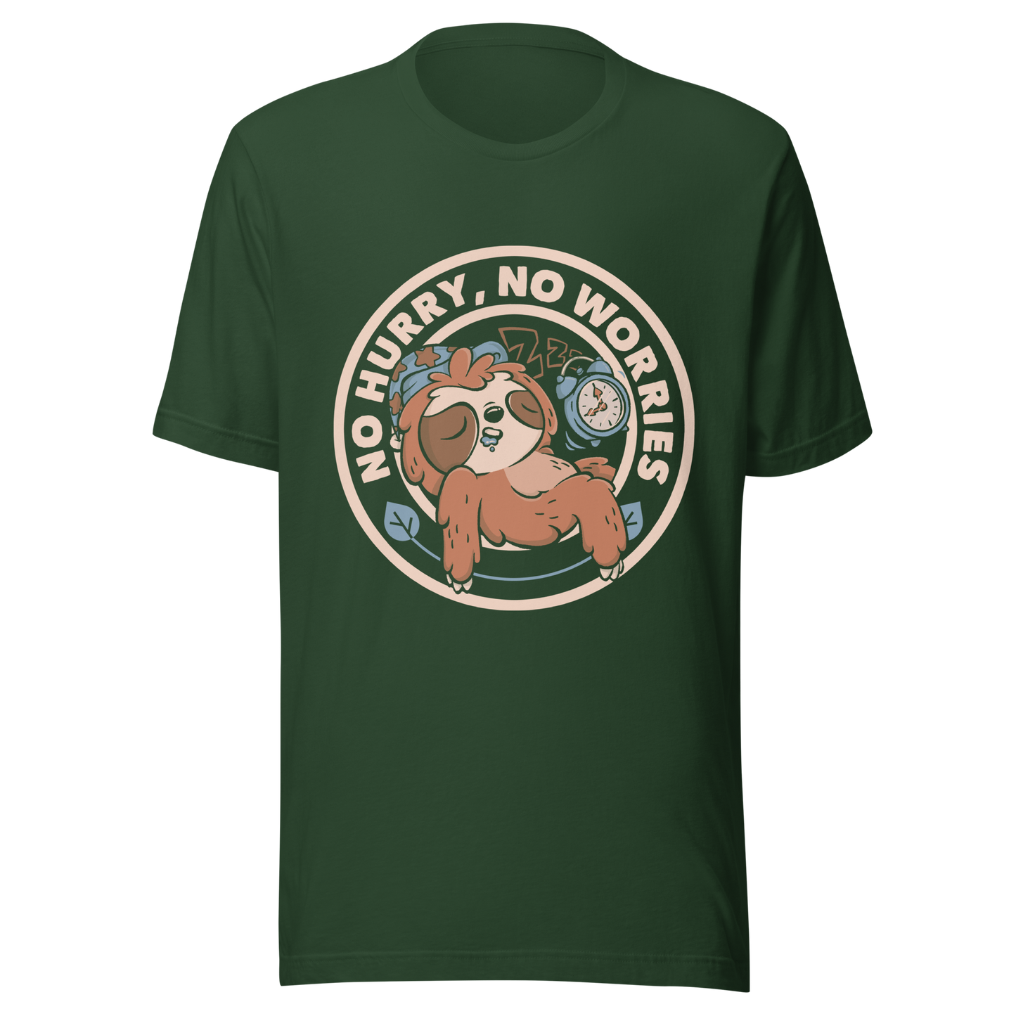 This cute artwork features a sleepy sloth wearing a sleeping cap with an alarm clock next to it and the phrase "no hurry, no worries" around it. This design celebrates the pleasure of slowing down and living without haste. Perfect for those who love light vibes, lazy humor, and prints that embrace a tired soul.