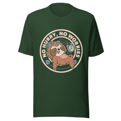 This cute artwork features a sleepy sloth wearing a sleeping cap with an alarm clock next to it and the phrase "no hurry, no worries" around it. This design celebrates the pleasure of slowing down and living without haste. Perfect for those who love light vibes, lazy humor, and prints that embrace a tired soul.
