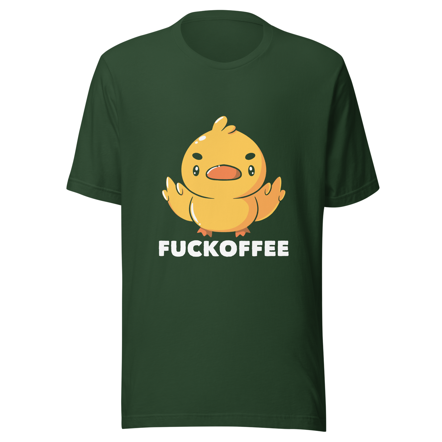 A cute yellow duckling with a mean face showing his middle fingers, next to it the phrase "Fuckoffee". An art with humor for those who love ducks.