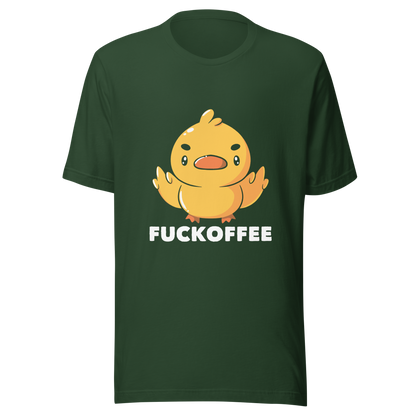 A cute yellow duckling with a mean face showing his middle fingers, next to it the phrase "Fuckoffee". An art with humor for those who love ducks.