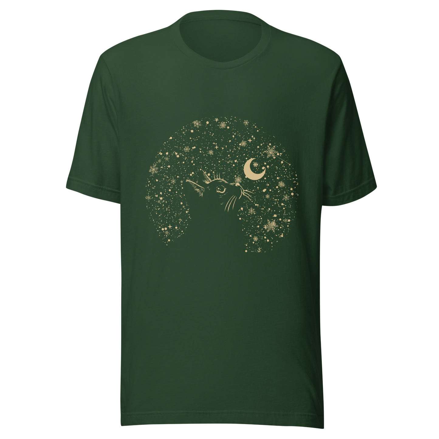 A minimalist artwork featuring a kitten in profile, gazing at the crescent moon on a quiet, moonlit night. A poetic piece, perfect for those who love cats and a slightly melancholic winter atmosphere.