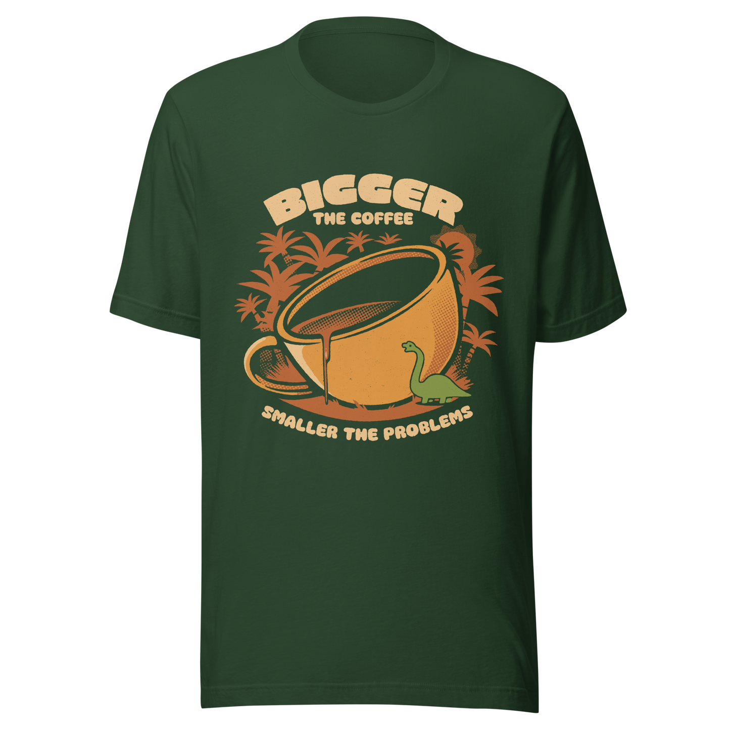 A giant retro-style coffee cup, with a little dinosaur strolling around and palm trees in the background. This design plays on the phrase "Bigger the coffee, smaller the problems," creating a cute and humorous scene about morning survival. Perfect for coffee lovers, dinosaur fans, and those who enjoy fun art.