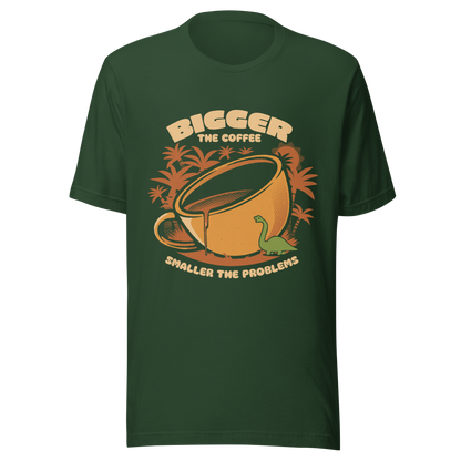 A giant retro-style coffee cup, with a little dinosaur strolling around and palm trees in the background. This design plays on the phrase "Bigger the coffee, smaller the problems," creating a cute and humorous scene about morning survival. Perfect for coffee lovers, dinosaur fans, and those who enjoy fun art.