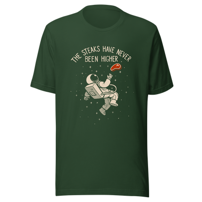 An astronaut floating through space with a small steak in front of him, paired with the phrase ‘The Steaks Have Never Been Higher’. A playful and humorous design that blends space exploration with a clever visual pun. Perfect for fans of witty wordplay and quirky art.