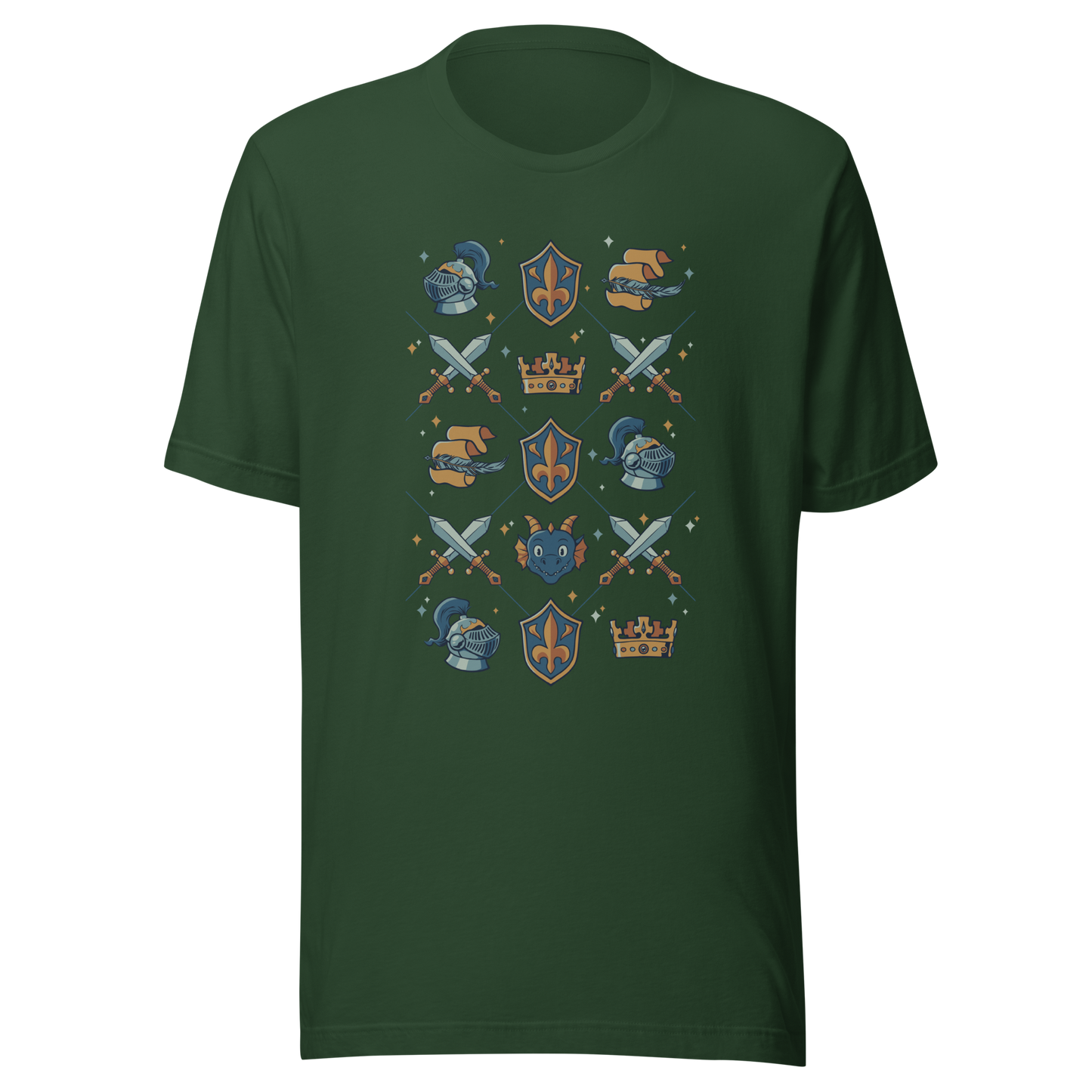 The artwork features swords, knight's helmets, crowns and dragons. Blending medieval fantasy with classic symbols of bravery, royalty, and magic, creating a strong and elegant composition. Ideal for fans of epic fantasy, knights, dragons, and anyone who loves prints with a heroic and stylish vibe.
