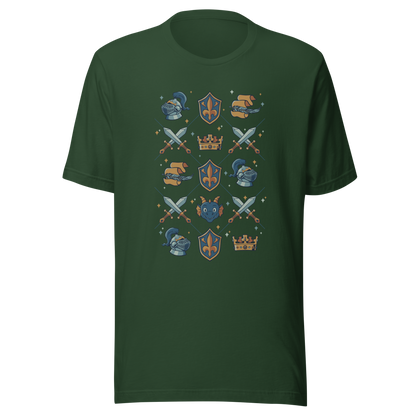 The artwork features swords, knight's helmets, crowns and dragons. Blending medieval fantasy with classic symbols of bravery, royalty, and magic, creating a strong and elegant composition. Ideal for fans of epic fantasy, knights, dragons, and anyone who loves prints with a heroic and stylish vibe.