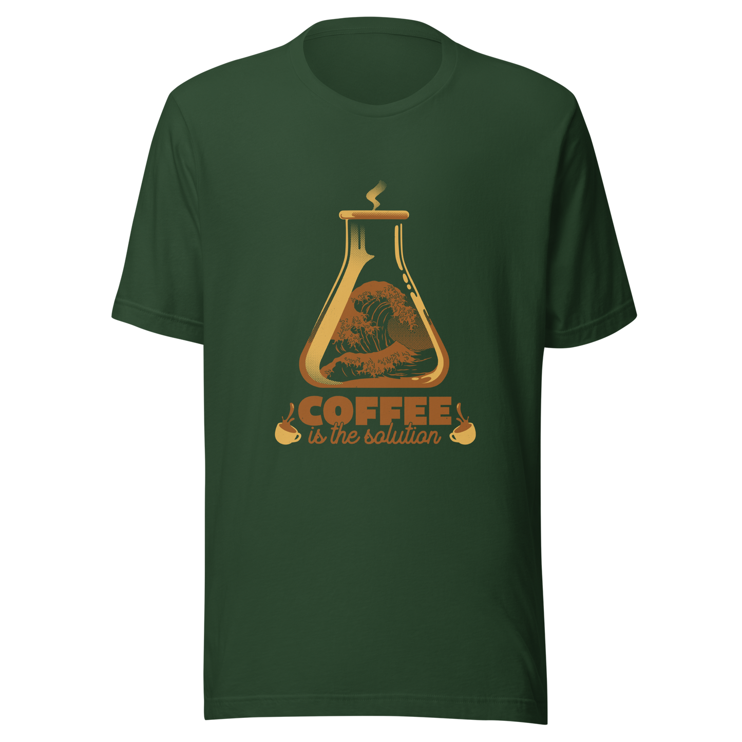 A stylized laboratory flask holding a powerful ocean wave, paired with bold retro typography reading ‘Coffee is the solution’. A playful design that blends science, humor, and coffee culture, perfect for coffee lovers, scientists, students, and anyone who believes caffeine solves most daily problems.