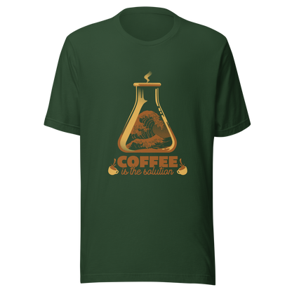A stylized laboratory flask holding a powerful ocean wave, paired with bold retro typography reading ‘Coffee is the solution’. A playful design that blends science, humor, and coffee culture, perfect for coffee lovers, scientists, students, and anyone who believes caffeine solves most daily problems.