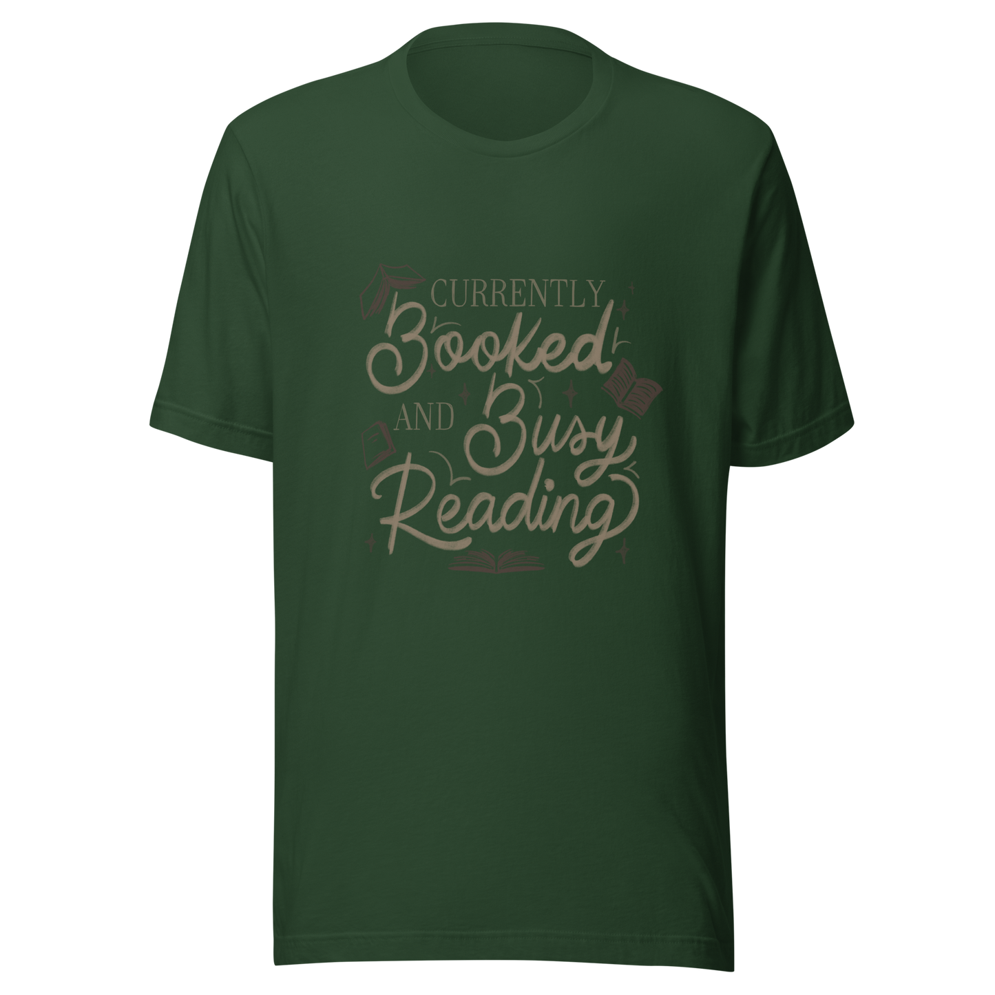A warm hand-lettered typography featuring the phrase ‘Currently Booked and Busy Reading’, accented with delicate book illustrations and subtle sparkles on a dark background. A cozy, elegant design that celebrates the joy of reading, perfect for book lovers, students, introverts, and anyone who would rather be reading.
