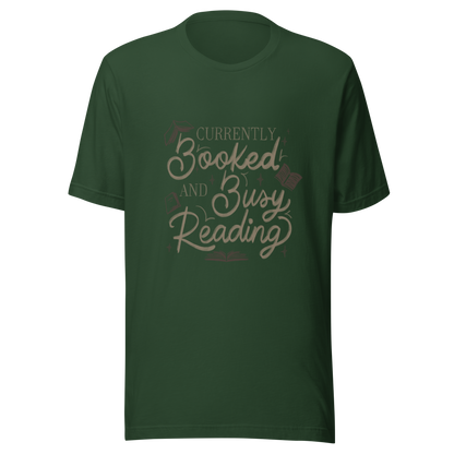 A warm hand-lettered typography featuring the phrase ‘Currently Booked and Busy Reading’, accented with delicate book illustrations and subtle sparkles on a dark background. A cozy, elegant design that celebrates the joy of reading, perfect for book lovers, students, introverts, and anyone who would rather be reading.