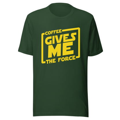 An artwork in yellow inspired by classic space adventure movies, featuring the phrase “Coffee Gives Me The Force”. A fun design for coffee lovers, sci-fi fans and anyone powered by caffeine and galaxy vibes.