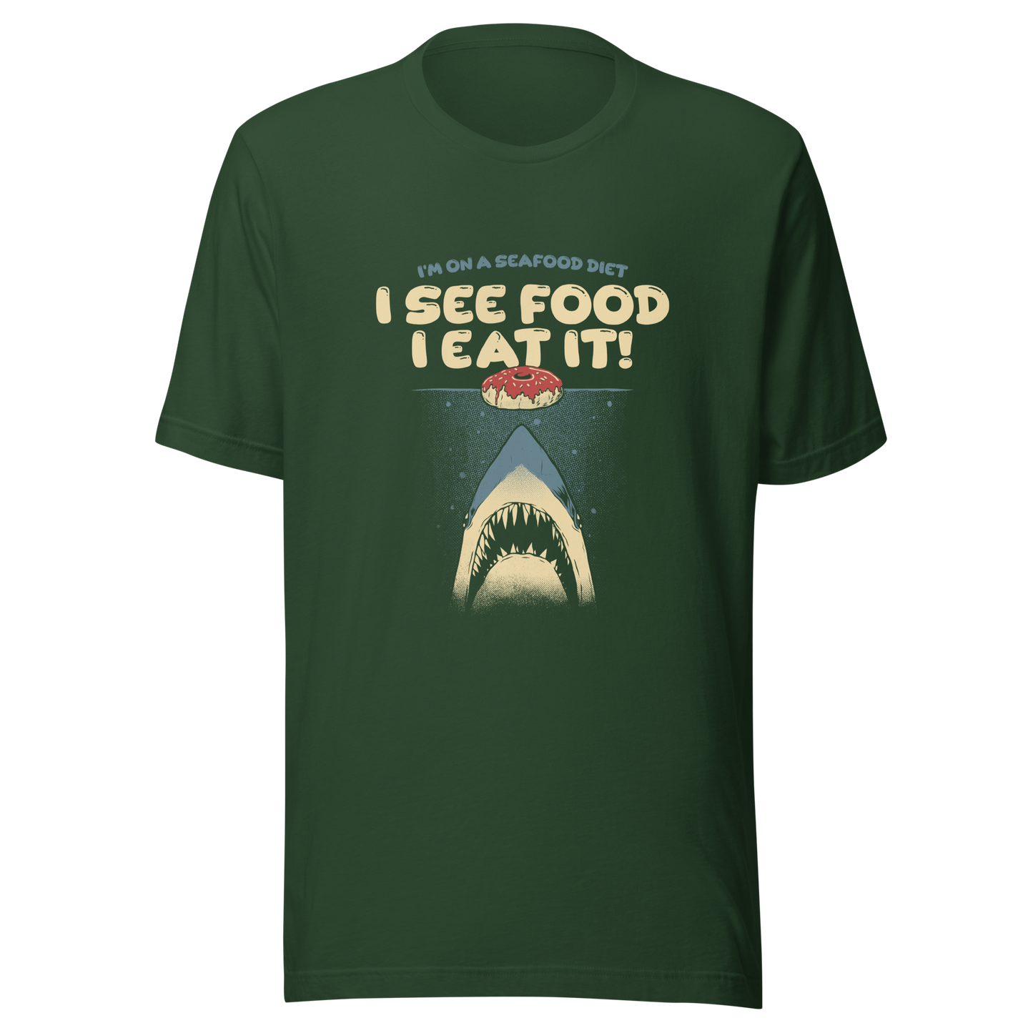 A shark rising from the water toward a floating donut, paired with playful retro typography. The artwork uses visual humor and a classic joke to create a fun, eye-catching composition with strong graphic contrast. Perfect for humor lovers, food fans, and anyone who enjoys witty designs with a slightly cheeky twist.