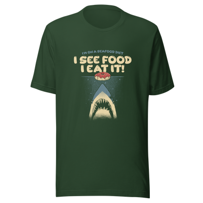 A shark rising from the water toward a floating donut, paired with playful retro typography. The artwork uses visual humor and a classic joke to create a fun, eye-catching composition with strong graphic contrast. Perfect for humor lovers, food fans, and anyone who enjoys witty designs with a slightly cheeky twist.
