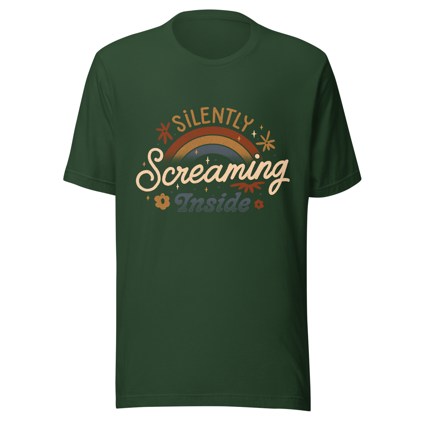 A fun and cute lettering design with a rainbow in the background and the phrase ‘Silently Screaming Inside’. The contrast between cheerful visuals and dark humour makes it perfect for those who cope with irony and sarcasm.