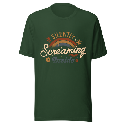 A fun and cute lettering design with a rainbow in the background and the phrase ‘Silently Screaming Inside’. The contrast between cheerful visuals and dark humour makes it perfect for those who cope with irony and sarcasm.