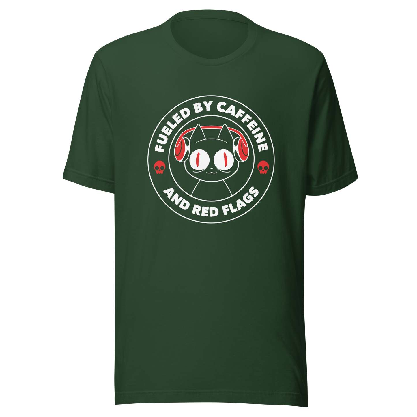 A stamp-style illustration of a black cat wearing headphones, featuring the phrase “Fueled by Caffeine and Red Flags”. A humorous and ironic design perfect for coffee lovers, chaotic souls, and anyone who embraces their red flags with style.