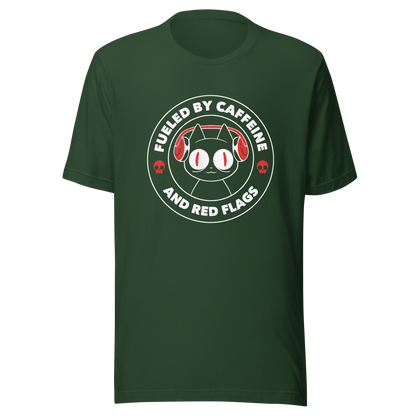 A stamp-style illustration of a black cat wearing headphones, featuring the phrase “Fueled by Caffeine and Red Flags”. A humorous and ironic design perfect for coffee lovers, chaotic souls, and anyone who embraces their red flags with style.