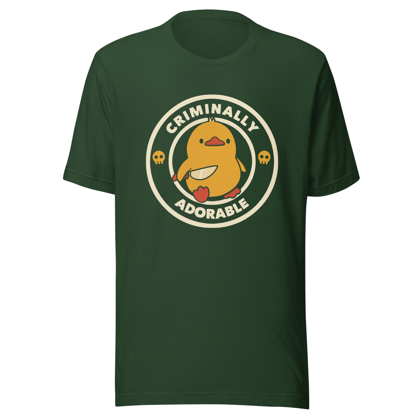 A cute yellow duck holding a small knife, around it the text "Criminally Adorable". An art that mixes humor with the temperament of ducks.