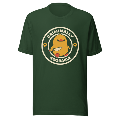A cute yellow duck holding a small knife, around it the text "Criminally Adorable". An art that mixes humor with the temperament of ducks.