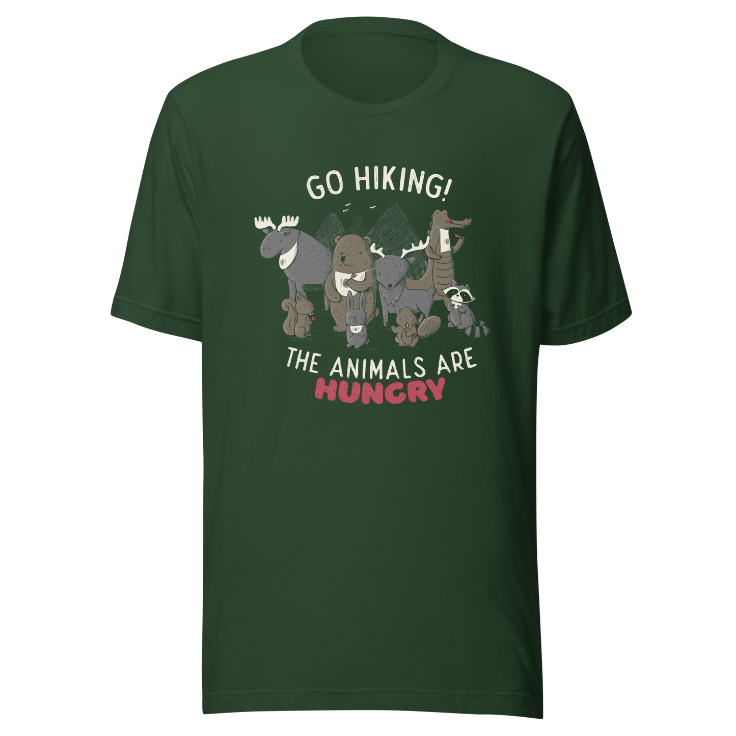 A playful nighttime illustration of cute animals gathered around a meal, holding utensils and napkins, ready to eat. Paired with the humorous phrase “Go Hiking! The Animals Are Hungry”, this whimsical design is perfect for animal lovers, fans of ironic humour, and anyone who enjoys fun art with a cheeky twist.