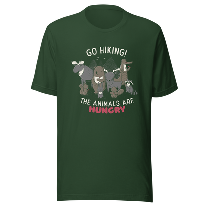 A playful nighttime illustration of cute animals gathered around a meal, holding utensils and napkins, ready to eat. Paired with the humorous phrase “Go Hiking! The Animals Are Hungry”, this whimsical design is perfect for animal lovers, fans of ironic humour, and anyone who enjoys fun art with a cheeky twist.