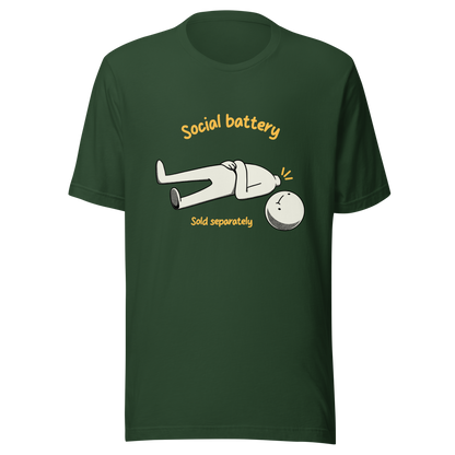 A cute character lying on the ground with their head separated from their body, paired with the phrase “Social Battery Sold Separately”. This humorous design captures the feeling of having no energy left for social interaction. Perfect for introverts and anyone who needs time alone to recharge, it’s a relatable and playful reminder that not everyone comes with a full social battery.