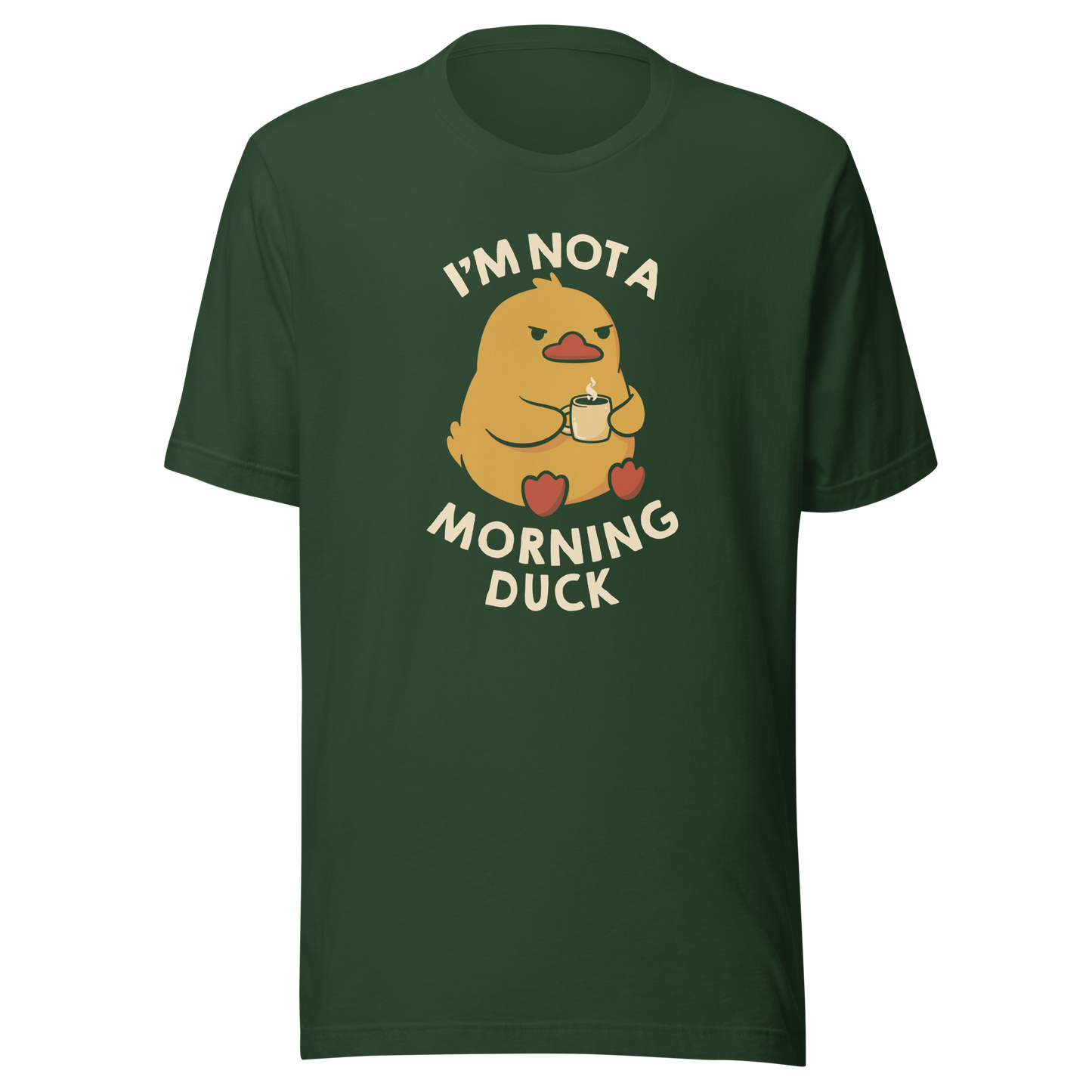 A cute little yellow duck, with a grumpy face, holding a mug of coffee and surrounded by the words "I'm Not a Morning Duck". This design plays on the humor of difficult mornings, mixing cuteness and sarcasm for those who only function after coffee. Perfect for those who are not at all morning people, coffee lovers and fans of funny prints and cute ducks.