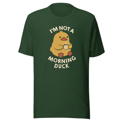 A cute little yellow duck, with a grumpy face, holding a mug of coffee and surrounded by the words "I'm Not a Morning Duck". This design plays on the humor of difficult mornings, mixing cuteness and sarcasm for those who only function after coffee. Perfect for those who are not at all morning people, coffee lovers and fans of funny prints and cute ducks.