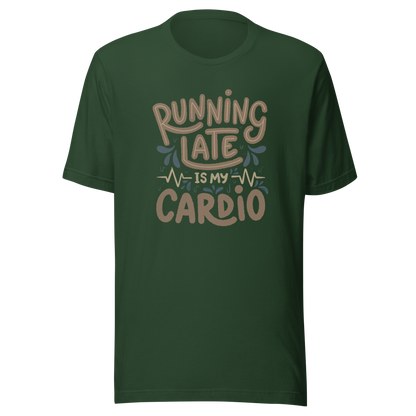 A playful hand-lettered typography design featuring the phrase “Running Late Is My Cardio,” with heartbeat lines and dynamic accents on the background. The artwork jokes that being late is the only form of exercise, poking fun at rushed mornings and chaotic routines with lighthearted humor. Ideal for chronically late people and anyone who loves good humor.