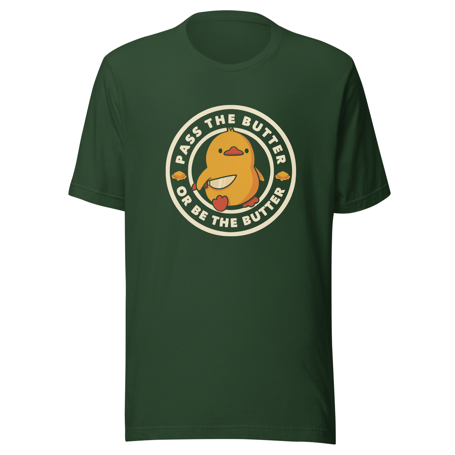 A yellow duckling holding a butter knife in a cute pose, around him the phrase "Pass the butter or be the butter". An art with a lot of humor for those who love ducks.