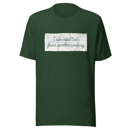 A minimalist artwork featuring handwritten lettering on crumpled, vintage notebook-style paper. The phrase “I can read texts from another century” blends nostalgia and ironic humour, making it perfect for book lovers, history enthusiasts, and literary nerds.