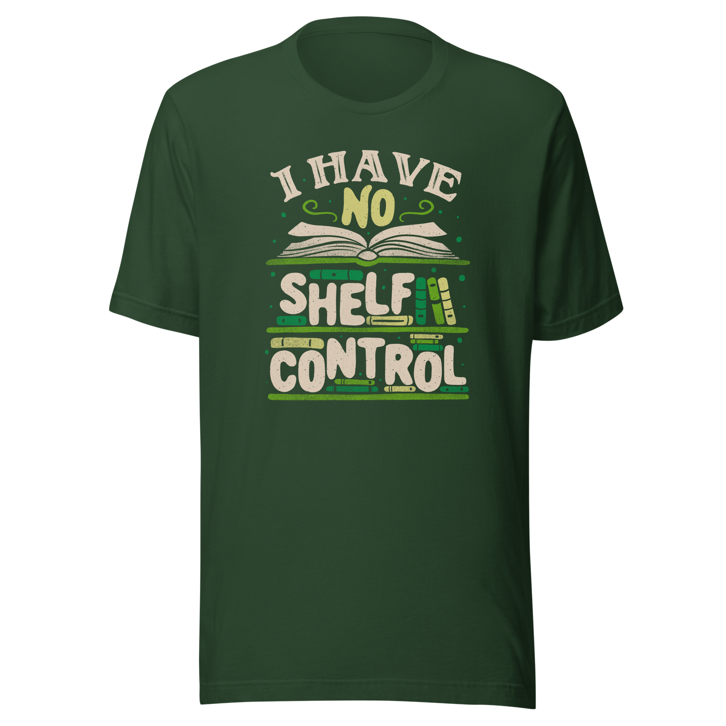 An art with a bookcase full of books and the phrase "I Have no Shelf Control". A perfect gift for anyone who is addicted to books.