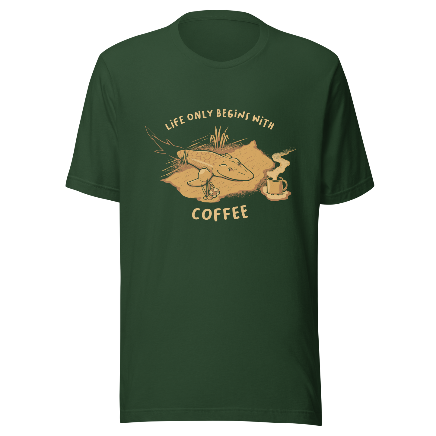 This funny illustration shows a tadpole evolving into a terrestrial creature while reaching for a cup of coffee. Paired with the phrase ‘Life Begins After Coffee Evolution’, the artwork humorously compares human evolution to our daily need for coffee.