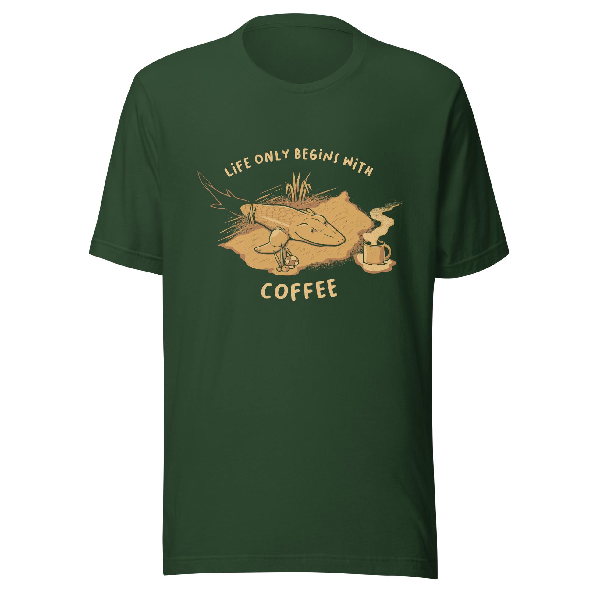 This funny illustration shows a tadpole evolving into a terrestrial creature while reaching for a cup of coffee. Paired with the phrase ‘Life Begins After Coffee Evolution’, the artwork humorously compares human evolution to our daily need for coffee.