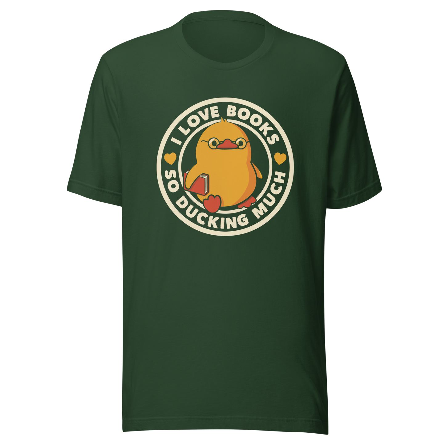 A cute yellow duckling with glasses and holding a book, around it the phrase "II Love Books So Ducking Much". A perfect gift for anyone who loves ducks and books.