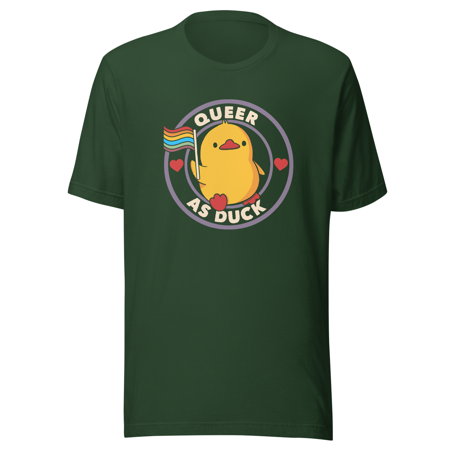A stamp featuring an adorable duckling holding the LGBTQ flag, surrounded by the text "Queer as Duck". This charming artwork serves as a perfect way to display your support for LGBTQ rights.