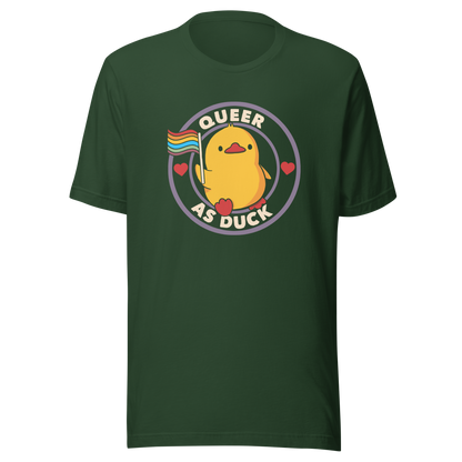 A stamp featuring an adorable duckling holding the LGBTQ flag, surrounded by the text "Queer as Duck". This charming artwork serves as a perfect way to display your support for LGBTQ rights.