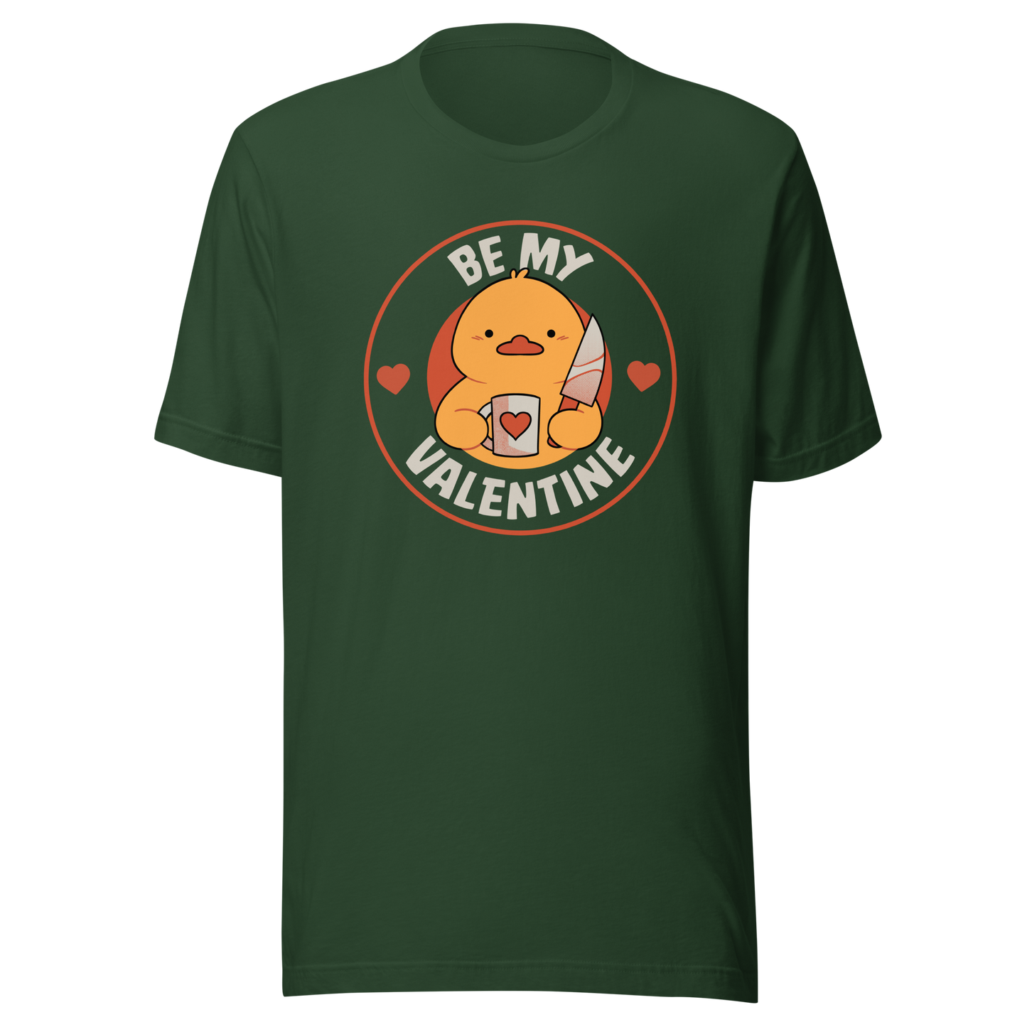 A cute duckling holding a heart-shaped coffee mug and a small knife, paired with the phrase ‘Be My Valentine Funny Duck’. A playful mix of cuteness and dark humor, perfect for coffee lovers and fans of ironic, quirky art.