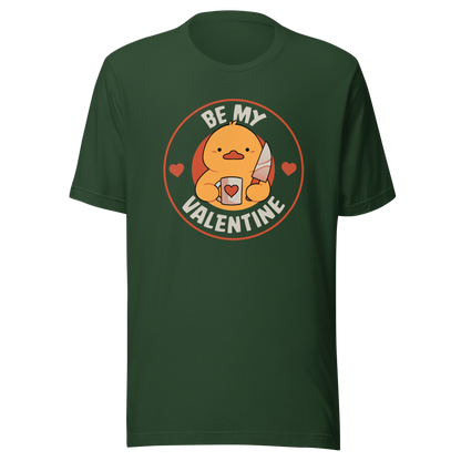 A cute duckling holding a heart-shaped coffee mug and a small knife, paired with the phrase ‘Be My Valentine Funny Duck’. A playful mix of cuteness and dark humor, perfect for coffee lovers and fans of ironic, quirky art.