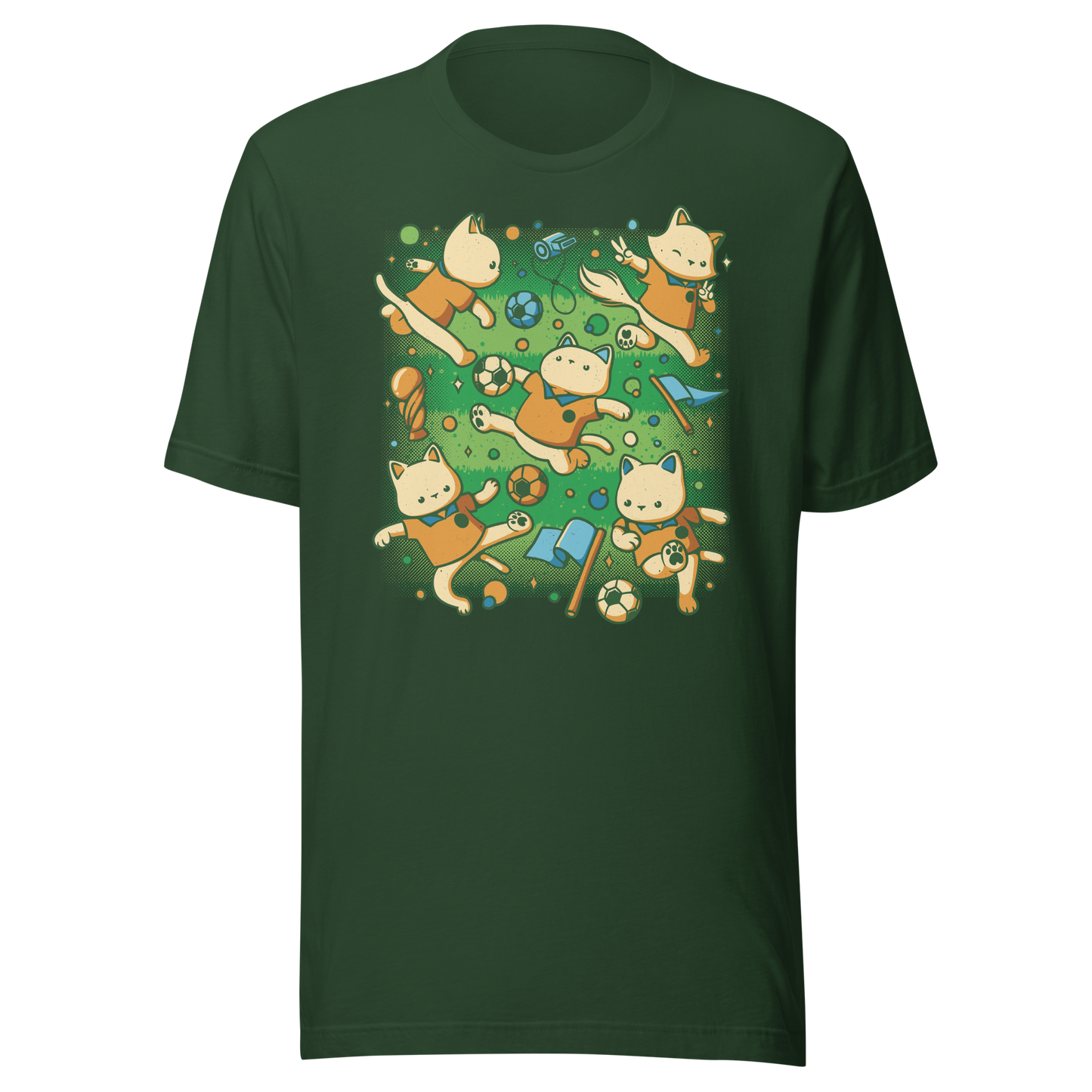 An artwork featuring several cats in soccer uniforms kicking a ball, surrounded by trophies, flags, and other football-inspired elements. A playful design perfect for cat lovers, soccer fans, and anyone who enjoys whimsical sports-themed art.