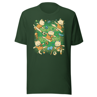 An artwork featuring several cats in soccer uniforms kicking a ball, surrounded by trophies, flags, and other football-inspired elements. A playful design perfect for cat lovers, soccer fans, and anyone who enjoys whimsical sports-themed art.