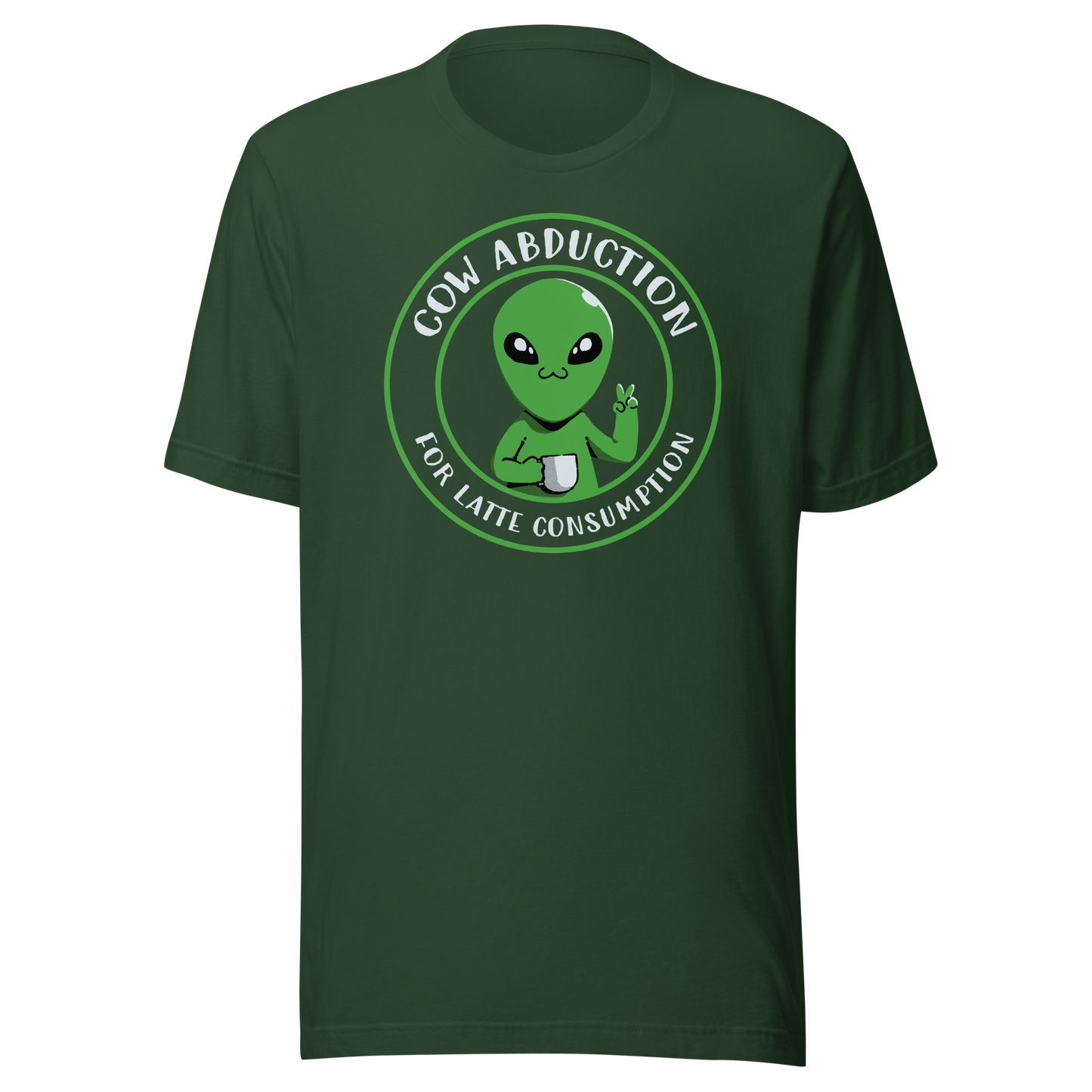 A cute alien holding a cup of coffee, paired with the phrase ‘Cow Abduction For Latte Consumption’. A playful and humorous design that mixes sci-fi vibes with coffee obsession. Perfect for coffee lovers, alien enthusiasts, and anyone who enjoys quirky, funny art with a cosmic twist.