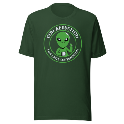 A cute alien holding a cup of coffee, paired with the phrase ‘Cow Abduction For Latte Consumption’. A playful and humorous design that mixes sci-fi vibes with coffee obsession. Perfect for coffee lovers, alien enthusiasts, and anyone who enjoys quirky, funny art with a cosmic twist.