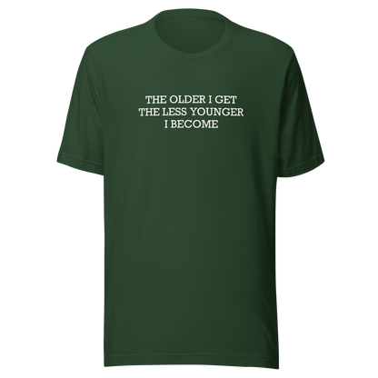 This typographic design features the phrase ‘The older I get the less younger I become’, a funny and ironic take on getting older. A clean and minimalist quote artwork, perfect for fans of sarcastic humor, witty sayings, and relatable designs.