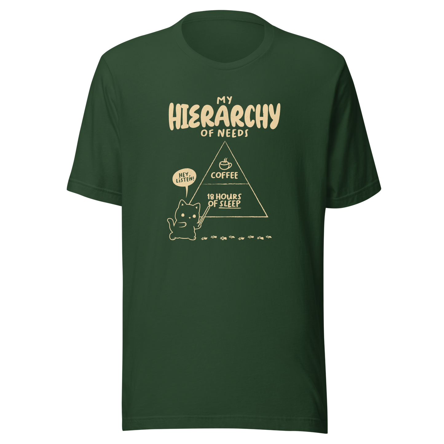 A playful illustration of a cat holding a pointer and presenting its own hierarchy of needs on a triangle chart, with coffee at the very top and 18 hours of sleep right below. A humorous piece for cat lovers who know exactly what really matters.